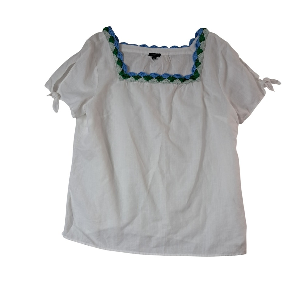 Talbots Blouse Womens 1X White Crochet Trim Linen Blend Short Sleeve Tie Cuff